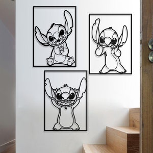 Niedliche Stitch Expression Wall Line Art, 3er-Set, Disney Metallwandkunst, Kinderzimmer-Wandkunst, Wohnzimmerdekor, Babyzimmerdekor