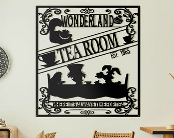 Quadro de parede em metal com tema de festa do chá no País das Maravilhas, decoração de casa encantadora.