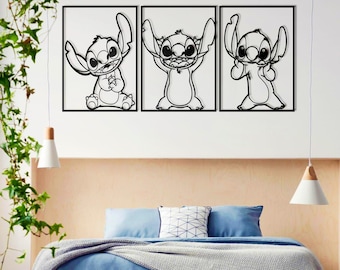 Cute Stitch Expression Wall Line Art, Set Of 3 Panels, Disney Metal Wall Art, Nursery Wall Art, Living Room Decor, Baby Room Decor