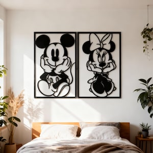 Simpatica decorazione murale con Topolino e Minnie, set di 2 pannelli, decorazione murale in metallo Disney, decorazione murale per la cameretta dei bambini, decorazione per il soggiorno, decorazione per la cameretta dei bambini.