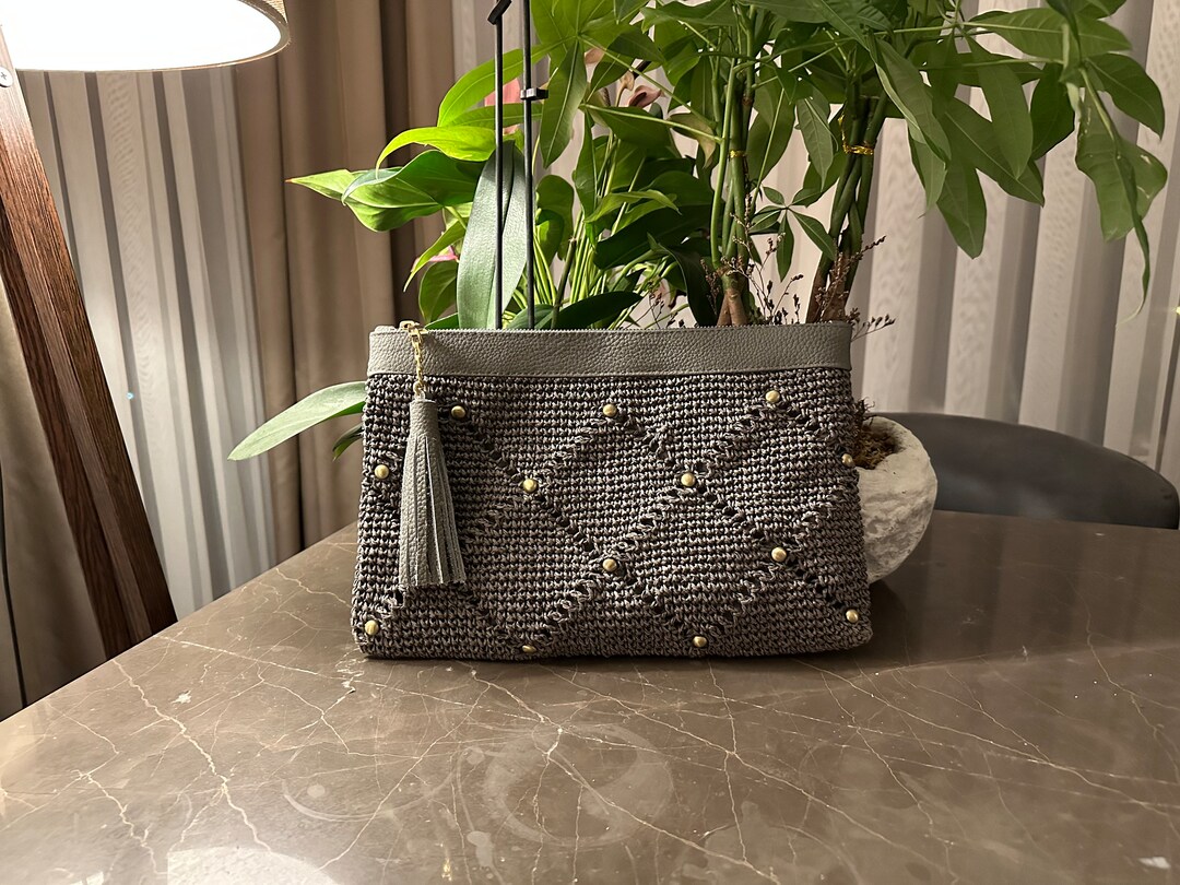 Grey Clutch Bag, Grey Tote Bag, Grey Paper Rope Bag, Grey Handmade