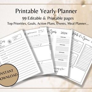 May include: A printable yearly planner with 99 editable pages. The planner includes sections for daily block scheduling, weekly planning, monthly goals, and a month-at-a-glance calendar. The planner is designed in black and white with a minimalist aesthetic.