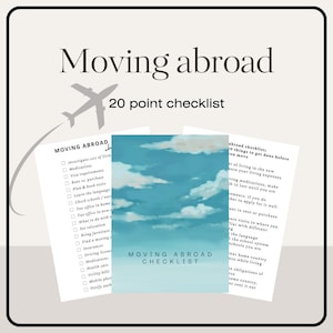 May include: A checklist titled "Moving abroad" with a 20-point checklist. The image features a stylized airplane graphic and a blue and white cloud design. The checklist includes items like visa requirements and health care.