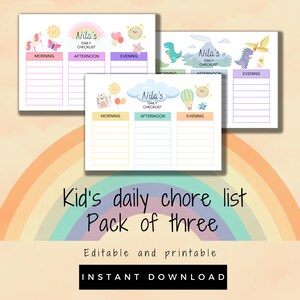 Bundle of three daily kid&#39;s check lists, editable printable chore chart, daily routine chart, house responsability list, after school tasks