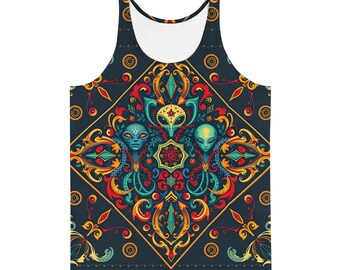Alien Alliance Tank Top, Sleeveless Shirt for Festivals and Raves, Cosmic Vibe Fashion, Outer Space Graphic, Trippy Alien Art, Party Wear