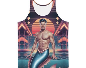 Miami Nights Merman Tank Top, Retro Cyberpunk Aesthetic, Vaporwave All-Over Print Top, 80s Neon Art Tee, Futuristic Festival Clothing