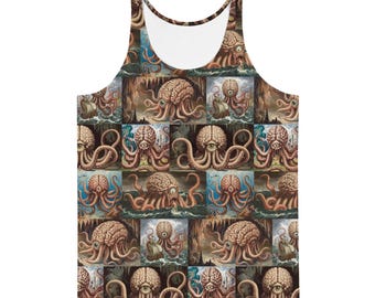 Theeagha Lore Patchwork Tank Top, Lovecraft Inspired Original Creature Print, Unique Horror Art, Mystical Mythos Shirt, Alternative Fashion