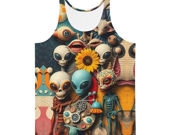 Alien Chatter, Retro Collage Tank Top, Vintage Sci-Fi Graphic Shirt, Trippy Space Aesthetic, Alien Print Sleeveless Tee, Cosmic Art Apparel