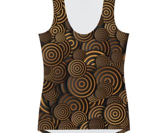 Bronze Black Circles Women's Tank Top, Abstract Geometric Shirt, Boho Festival Sleeveless Top, Minimalist Summer Yoga Graphic Tee