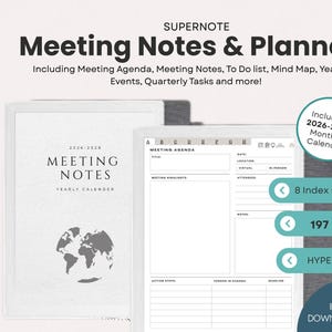 Op de afbeelding: Een digitale planner getiteld "Meeting Notes & Planner" met de tekst "Supernote" bovenaan. De planner bevat vergaderagenda's, takenlijsten en een maandkalender voor 2026-2028. Het heeft 197 pagina's en 8 indexsecties.