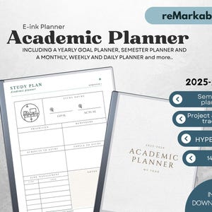 May include: An e-ink academic planner for 2025-2026, with a study plan layout and a yearly goal planner. Includes a semester planner, project and grades tracker, and is hyperlinked with 140+ pages. Instant download PDF.