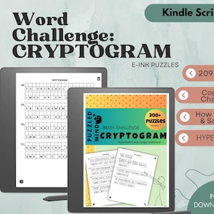 Könnte beinhalten: Ein Kindle Scribe E-Reader, der ein digitales Buchcover für "Cryptogram: Brain Challenge" mit über 200 Rätseln anzeigt. Das Cover zeigt ein farbenfrohes Design mit einer Faust und dem Text "Puzzled Mind". Der E-Reader befindet sich auf einem blauen Hintergrund mit einer weißen Oberfläche.