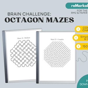 May include: Two digital tablets displaying octagon mazes. The text on the tablets reads "Maze 18 - Medium" and "Maze 25 - Complex". The image also includes the text "Brain Challenge: Octagon Mazes", "Cognitive Challenge", and "150 Pages".