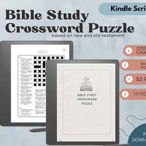 May include: A digital screen displaying a Bible study crossword puzzle with 52 puzzles, a cognitive challenge, and solutions included. The screen is on a blue background with the text "Kindle Scribe" and "Instant Download PDF".