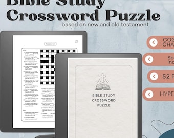 Op de afbeelding: Een digitaal scherm dat een Bijbelstudie-kruiswoordpuzzel toont met 52 puzzels, een cognitieve uitdaging en de bijbehorende oplossingen. Het scherm bevindt zich op een blauwe achtergrond met de tekst "Kindle Scribe" en "Direct downloaden PDF".