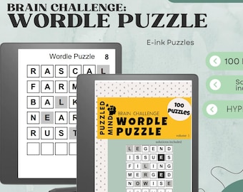 Può includere: Due e-reader Kindle Scribe che mostrano i puzzle di Wordle. Gli schermi mostrano un puzzle di Wordle e una copertina con il testo "Brain Challenge Wordle Puzzle" e "100 Puzzles". L'immagine include anche il testo "Download istantaneo PDF".