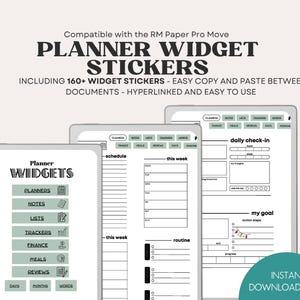 May include: Digital planner widget stickers for the RM Paper Pro Move, including over 160 stickers. The image shows three digital planner templates with various sections for planning, notes, lists, and finance. The text includes "Planner Widget Stickers" and "Instant Download PDF."