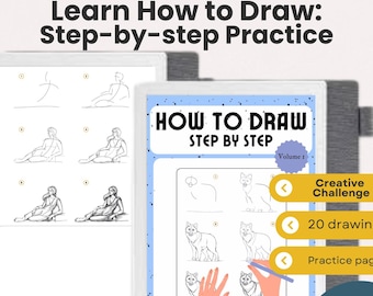 May include: A digital art tutorial titled "Learn How to Draw: Step-by-step Practice" with the text "How to Draw Step by Step." The tutorial includes step-by-step drawing examples and the text "Creative Challenge," "20 drawings," and "Practice pages."