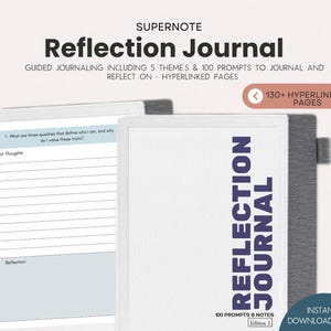 May include: A white Reflection Journal with the text "Reflection Journal" in dark blue. The journal includes prompts and notes, with over 130 hyperlinked pages. The journal is designed for guided journaling and reflection.