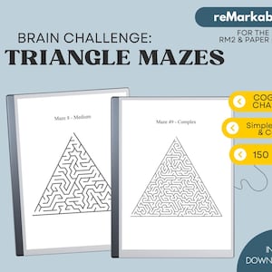 May include: Two digital tablets displaying triangle mazes. The text reads "Brain Challenge: Triangle Mazes" and "reMarkable for the RM2 & Paper Pro." Additional text includes "Cognitive Challenge," "Simple, Medium & Complex," and "150 Pages."