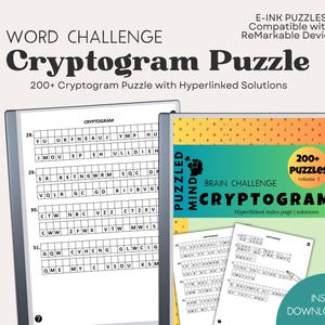 Puede incluir: Un libro de rompecabezas digital titulado "Cryptogram Puzzle" con el texto "200+ Cryptogram Puzzle with Hyperlinked Solutions". La portada presenta un degradado verde y azul con las palabras "Brain Challenge Cryptogram".