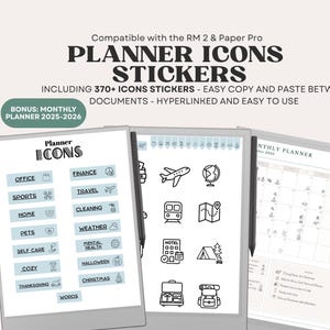 May include: Digital planner stickers with icons for office, travel, and more. Includes a monthly planner for 2025-2026. The image text says "PLANNER ICONS STICKERS" and "BONUS: MONTHLY PLANNER 2025-2026".