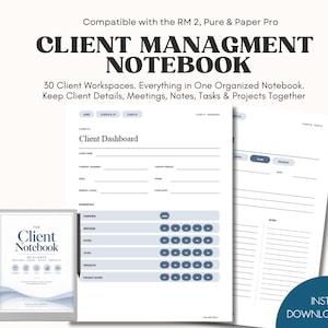 Peut inclure: Un carnet de gestion client numérique pour RM 2, Pure & Paper Pro avec un tableau de bord client comprenant des champs pour les coordonnées, réunions, notes, tâches et projets. La mise en page inclut 30 espaces de travail clients.