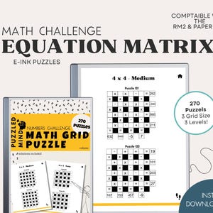 May include: A digital math puzzle set with the title "Equation Matrix" and the text "E-Ink Puzzles." The image shows a tablet displaying a 4x4 medium puzzle and a book titled "Math Grid Puzzle" with 270 puzzles and 3 grid sizes.
