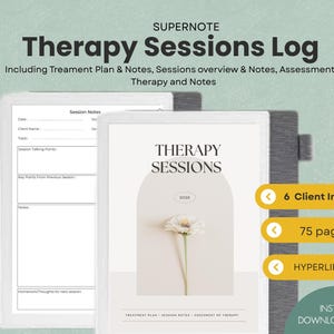 Peut inclure: Un journal de séances de thérapie imprimable avec un fond blanc et un motif floral. Le journal comprend des sections pour le plan de traitement, les notes de séance et l'évaluation de la thérapie. Le texte "THERAPY SESSIONS" est en noir sur fond blanc. Le texte "2028" est en noir sur fond blanc. Le texte "TREATMENT PLAN - SESSION NOTES - ASSESSMENT OF THERAPY" est en noir sur fond blanc. Le texte "6 Client Index", "75 pages", et "HYPERLINKED!" est en noir sur fond jaune. Le texte "INSTANT DOWNLOAD PDF" est en noir sur fond blanc.