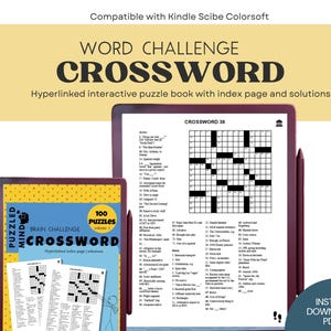 May include: A digital crossword puzzle book for Kindle Scribe Colorsoft featuring 100 puzzles. The screen displays Crossword 36 with a grid and clues. The cover shows the title Brain Challenge Crossword with a yellow circle stating 100 Puzzles.