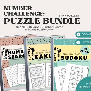 May include: A digital puzzle bundle with the text "NUMBER CHALLENGE: PUZZLE BUNDLE" featuring Sudoku, Kakuro, and Number Search puzzles. The image shows three digital puzzle books with the text "400+ Puzzles" and "Hyperlinked".