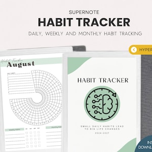 May include: A digital habit tracker with the text "HABIT TRACKER" and "SUPERNOTE". The tracker includes daily, weekly, and monthly habit tracking. The design features a circular chart and the text "SMALL DAILY HABITS LEAD TO BIG LIFE CHANGES 2024-2027".