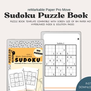 May include: Digital Sudoku puzzle book template for reMarkable Paper Pro Move. The cover features the text "Sudoku Puzzle Book" and "100 Puzzles". The image shows a Sudoku puzzle on a tablet screen and a book with the text "Brain Challenge Sudoku".