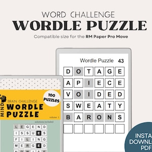 May include: Two digital tablets displaying a Wordle puzzle and a cover for a Wordle puzzle book. The cover is yellow and black with the text "Brain Challenge Wordle Puzzle". The Wordle puzzle on the tablet shows the words "DOTAGE", "APIECE", "VOIDED", "SWEATY", and "BARONS".