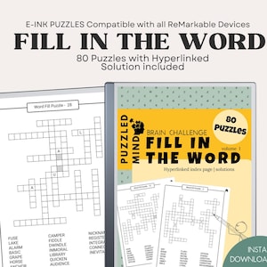 May include: A digital puzzle book titled "FILL IN THE WORD" with 80 puzzles, compatible with ReMarkable devices. The cover features a yellow and white design with the text "BRAIN CHALLENGE" and "80 Puzzles". Includes a sample puzzle page.