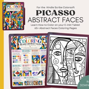 Puede incluir: Un libro de colorear digital titulado Picasso Abstract Faces para Kindle Scribe Colorsoft, con más de 65 páginas. La imagen muestra una tableta con una guía de 10 consejos para colorear en dispositivos de tinta electrónica y arte lineal.