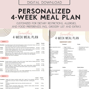 Personalized 4 Week meal plan Custom Meal plan Weightloss Plan meal planner Keto meal plan Diabetic meal plan Paleo