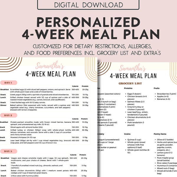 Personalized 4 Week meal plan Custom Meal plan Weightloss Plan meal planner Keto meal plan Diabetic meal plan Paleo