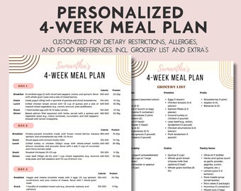 Personalized 4 Week meal plan Custom Meal plan Weightloss Plan meal planner Keto meal plan Diabetic meal plan Paleo