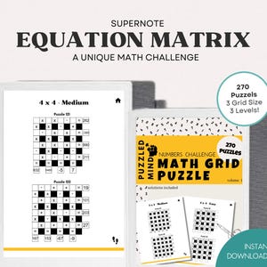 May include: A digital math puzzle book titled "Equation Matrix: A Unique Math Challenge." The image displays a tablet with a 4x4 grid puzzle and a book cover reading "Math Grid Puzzle." The image also includes the text "270 Puzzles, 3 Grid Size, 3 Levels!"