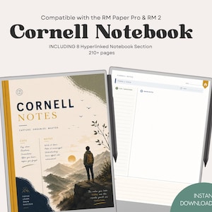 Może przedstawiać: Cyfrowy notatnik Cornell na tablety RM Paper Pro i RM 2, z okładką przedstawiającą górski krajobraz, osobę stojącą na klifie oraz napis Cornell Notes. Zawiera 8 sekcji z hiperłączami i ponad 210 stron.