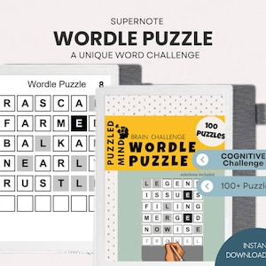 以下が含まれることがあります： Wordleパズルを表示する2つのデジタルタブレット。上部のテキストは「SUPERNOTE WORDLE PUZZLE A UNIQUE WORD CHALLENGE」と表示されています。1つのタブレットには部分的に完成したパズルが表示されています。もう1つのタブレットには「BRAIN CHALLENGE WORDLE PUZZLE」と「100+ Puzzles」というテキストが表示されています。
