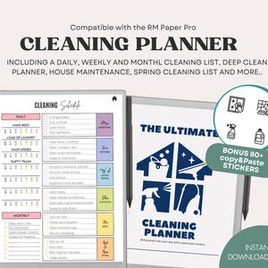 Puede incluir: Un planificador de limpieza digital con listas de verificación diarias, semanales y mensuales. El planificador incluye una lista de limpieza profunda, mantenimiento de la casa y una lista de limpieza de primavera. La imagen también incluye una bonificación de más de 80 pegatinas.