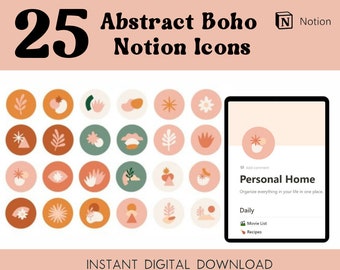 May include: A set of 25 abstract boho icons for Notion. The icons are in a variety of colours and feature geometric shapes, stars, flowers, and leaves. The icons are perfect for organising your notes and creating a visually appealing workspace.
