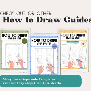 K&ouml;nnte beinhalten: Drei digitale Zeichenanleitungshefte mit dem Titel How to Draw Step by Step in gr&uuml;nen, blauen und gelben Einb&auml;nden. Jedes Heft zeigt Illustrationen von H&auml;nden, die Motive wie eine alte Frau, eine Katze und eine Eule zeichnen. Der Text umfasst Check out our other How to Draw Guides und Many more Supernote Templates visit our Etsy shop: Plan.4life Crafts.