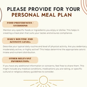 information about the personalized 4-week meal plan, What information to provide