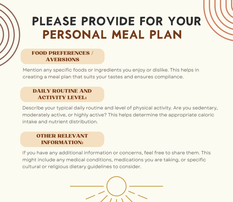 information about the personalized 4-week meal plan, What information to provide