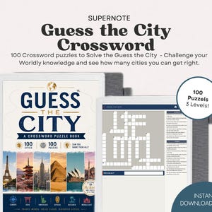 Könnte beinhalten: Ein digitales Guess the City Kreuzworträtselbuch für Supernote mit 100 Rätseln in 3 Schwierigkeitsstufen. Das Cover zeigt ikonische Wahrzeichen, während das Innere ein Gitter mit Hinweisen zeigt. Dies ist eine sofort herunterladbare PDF-Datei.