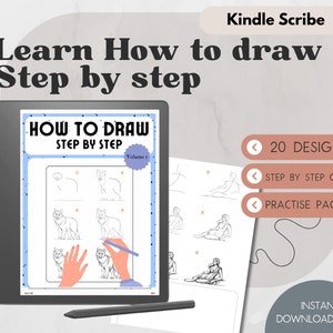 Könnte beinhalten: Ein digitales Tablet zeigt ein Zeichen-Tutorial mit dem Titel "How to Draw Step by Step, Volume 1". Das Tutorial enthält Schritt-für-Schritt-Anleitungen zum Zeichnen eines Wolfes, einer Katze und einer menschlichen Figur. Das Tablet befindet sich auf einer weißen Oberfläche mit einem grauen Stift daneben.