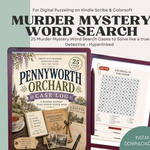 Op de afbeelding: Een digitaal moordmysterie woordzoekpuzzelboek voor Kindle Scribe en Colorsoft. De cover toont de titel Pennyworth Orchard Case Log, een theekopje, een notitieboek en vintage foto's. Een tweede scherm toont een woordzoeker genaamd A Scandal in the Choir met een vak voor beschuldigingen om zaken op te lossen.